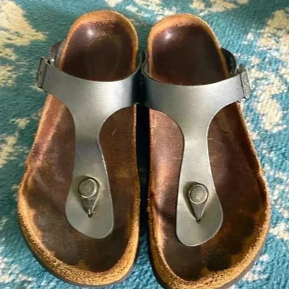 Birkenstock thong, silver buckle sandals, 37 - Picture 1 of 7